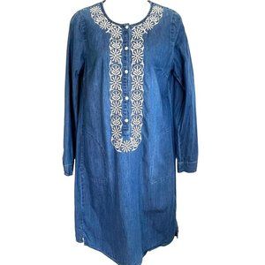 J.JILL CHAMBRAY BLUE SHIRT DRESS EMBROIDERED DETAILS SIZE XS
